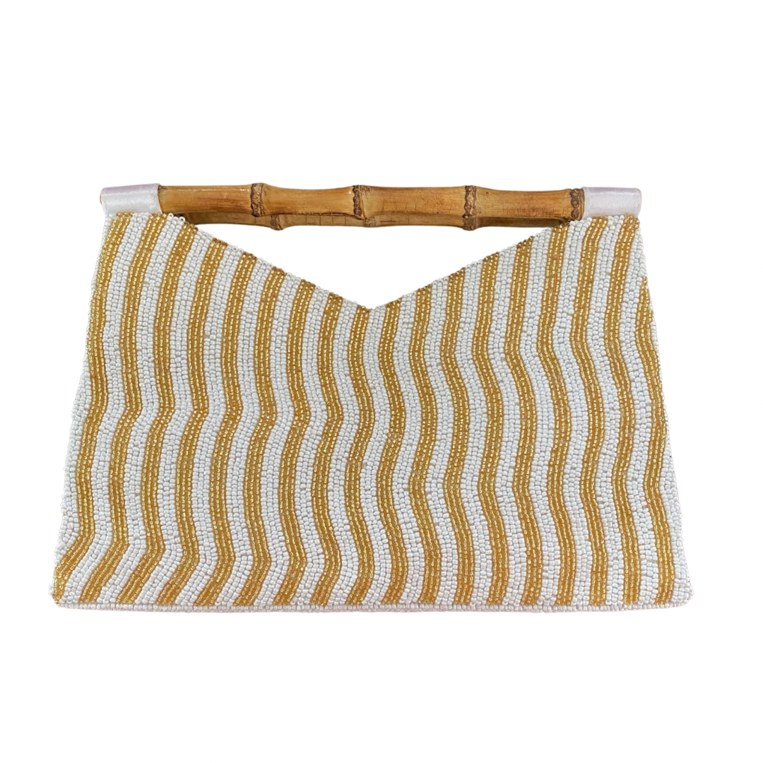 Bamboo Handle Clutch in Gold/White Waves