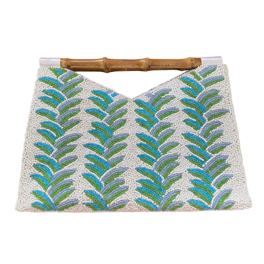 Bamboo Handle Clutch in Turquoise Palm