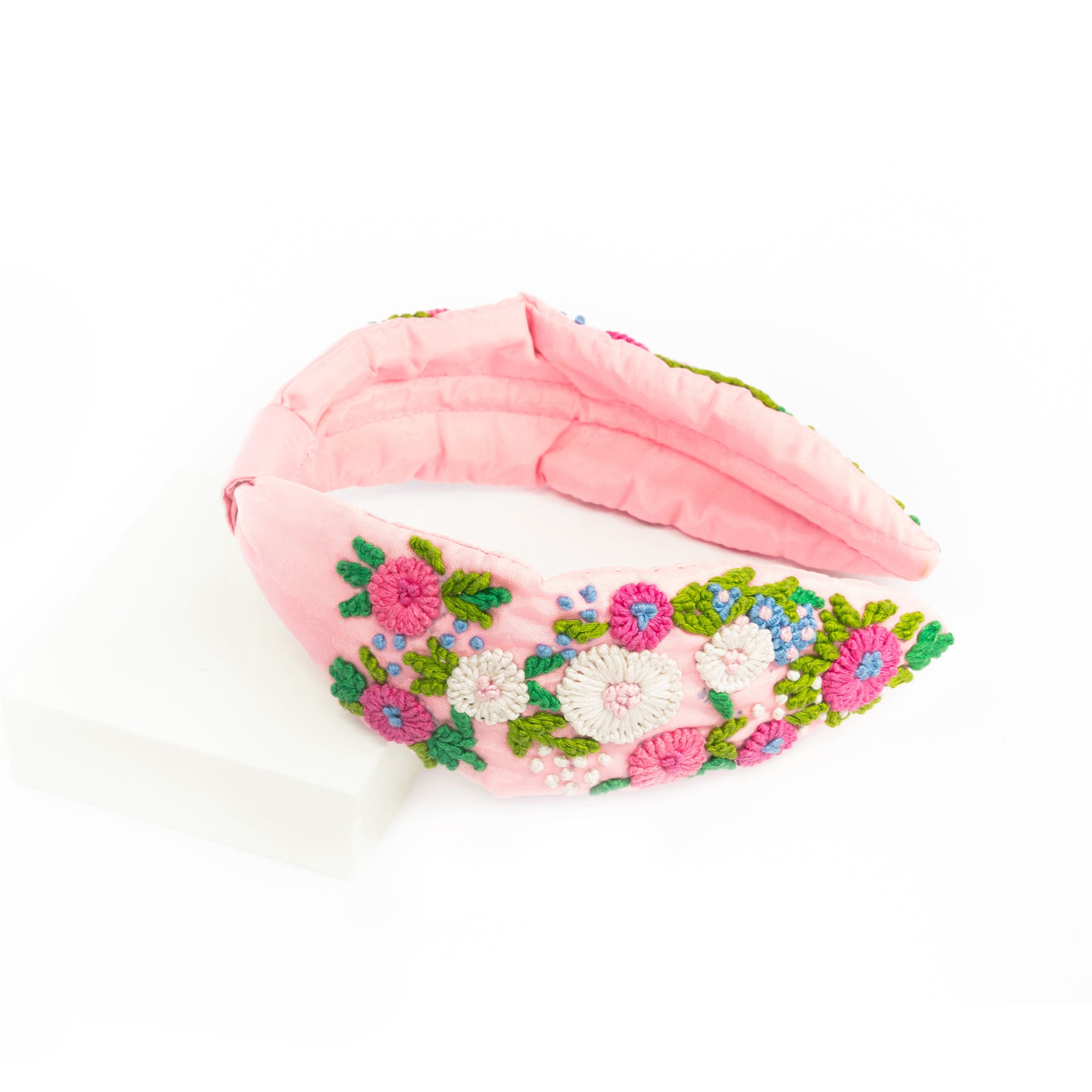 Embroidered Headband in Pink Flower Garden