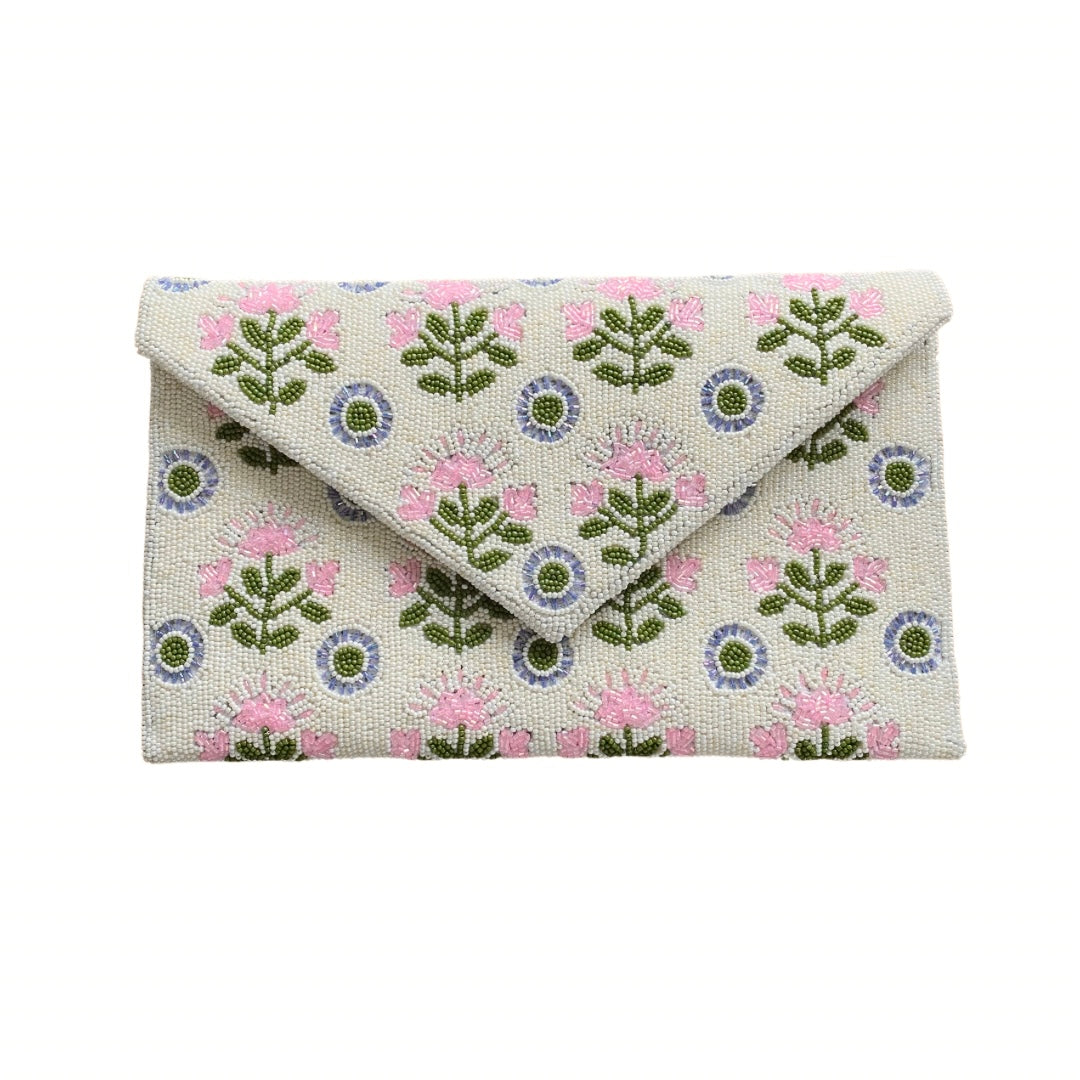 Hand Beaded Floral Clutch in Pink/Olive/Periwinkle