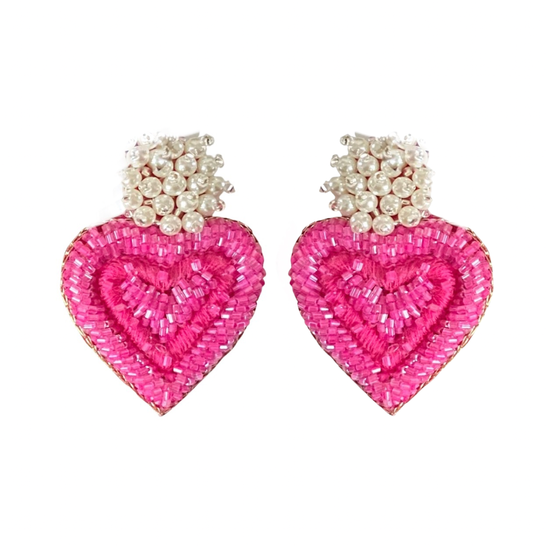 Pink Heart Earrings with Pearl Clusters