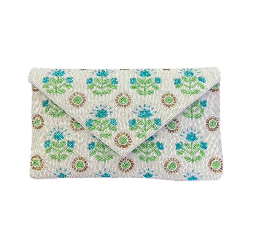 Hand Beaded Floral Clutch in Green/Teal