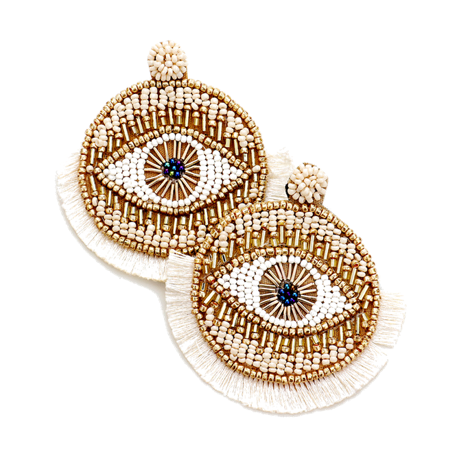 Sari Evil Eye Fringe Earrings in Ivory/Gold